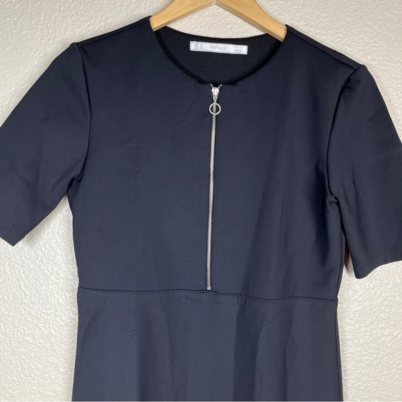 Zara Mini Dress Scuba Zip Front Black Short Sleeve Stretch Women’s Size Medium - Picture 4 of 6